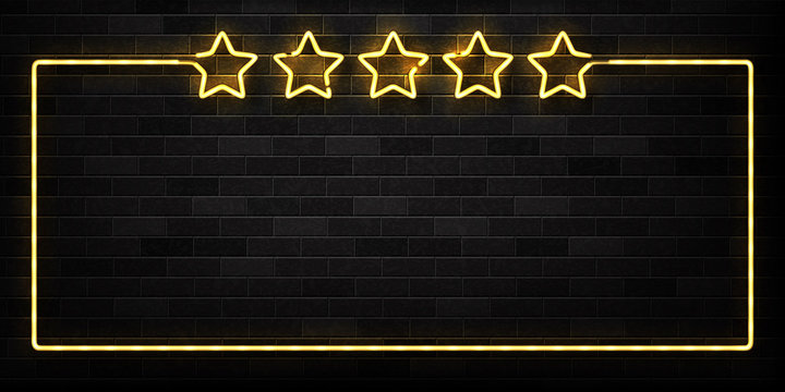 Vector realistic isolated neon sign of Five Stars frame logo for decoration and covering on the wall background. Concept of luxury and VIP.
