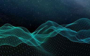 Fototapeta premium Abstract landscape on a dark background. Star horizon. Cyberspace grid. Hi-tech network. Outer space. Starry outer space texture. 3D illustration