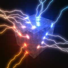 powerful lightning strikes on cube and makes cracks on surface of sphere. 3d illustration