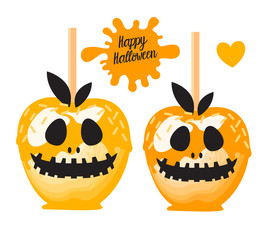 Apple with orange caramel Sweet candy on sticks. Happy Halloween dessert. Vector illustration on white background.