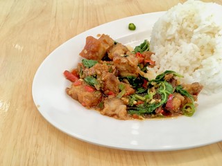 Basil Crispy pork with Rice. The most popular menu in Thailand.