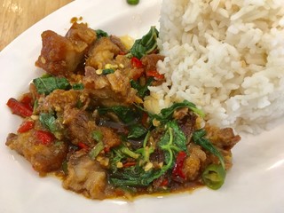 Basil Crispy pork with Rice. The most popular menu in Thailand.