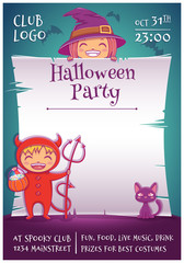 Halloween poster with little kids in costumes of witch and devil with black kitten and broom. Happy Halloween party. Editable template with text space.