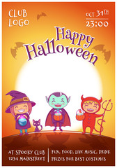 Halloween poster with kids in costumes of witch, vampire and devil for Happy Halloween party. On jrange background with full moon.