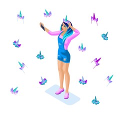 Isometry of a young girl, teenager, generation of Z, bright colors of clothes and hair, colorful, rainbow, many accessories of unicorns, horns, modern design