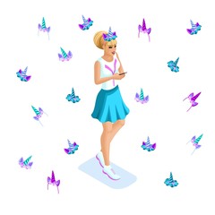 Isometric girl beauty design, teenager, generation of Z, bright colors of clothes and hair, colorful, rainbow, many accessories of unicorns, horns, modern design