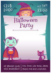 Halloween poster with little kids in costumes of witch and vampire with black kitten and broom. Happy Halloween party. Editable template with text space.