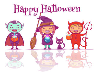 Poster with Children in halloween costumes of witch, vampire and devil are ready for Happy Halloween Party. Isolated on white background with reflection.