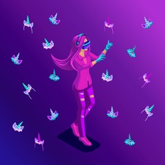 Isometric girl, concept of virtual game on a bright background, teenager, bright colors of clothes and hair, colorful, rainbow, many accessories of unicorns, horns