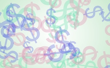 Multicolored translucent dollar signs on white background. Green tones. 3D illustration