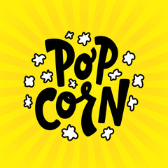 Popcorn text label with popping. Hand drawn typography sign. Black yellow and white logo. Vector illustration. Graphic Design for print on pack, packaging, tee t shirt, poster, banner, flyer card.