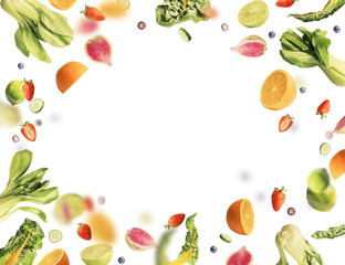 Flying fruits and vegetables ingredients on white background . Healthy food concept
