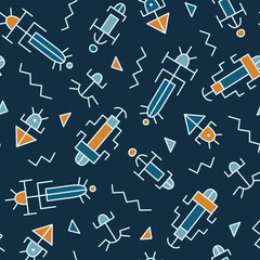 Pretty clean aztec inspired pattern, with blue and yellow colored cryptic symbols, seamless repeat on dark blue background. Trendy geometric style. Great for any kind any kind of use.