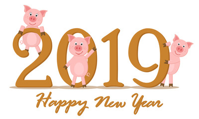 Three pigs waving and smiling near the 2019. Vector for the new year and Christmas.