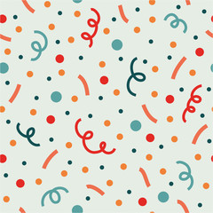Cute naive occasional party repeat pattern with confetti & streamers. Juicy colors on light mint background. 