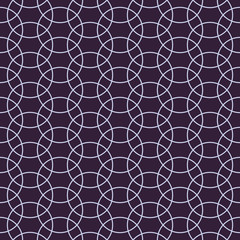 Fototapeta premium Abstract circle intersection repeat pattern. Overlapping round linear elements on dark background.