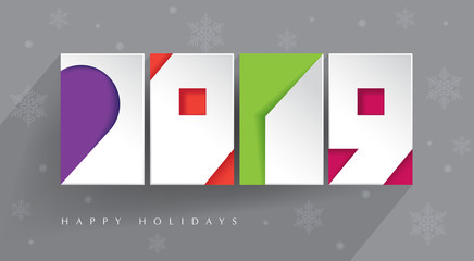 contemporary design. Four color blocks and white paper 2019 cut-outs on gray background with long shadow. Happy Holidays. New 2019 year.