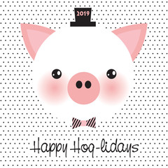 Cute little pig with bow tie. Happy Hog-lidays 2019 greeting card. Chinese year of pig. Merry Christmas and Happy new year. 
