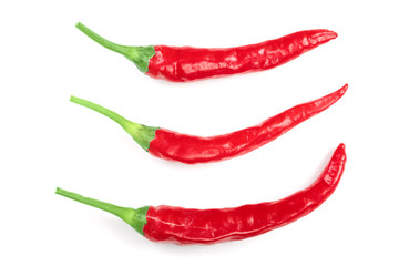 red hot chili peppers isolated on white background. Top view. Flat lay pattern