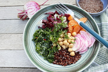 The concept of a useful vegetarian food, the cup of the Buddha. Cabbage Kale, carrots, quinoa, chickpeas and beets.