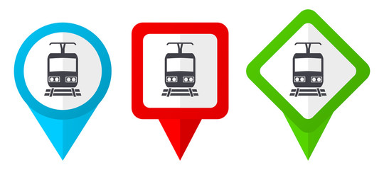 Train red, blue and green vector pointers icons. Set of colorful location markers isolated on white background easy to edit.