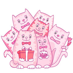 Group of pink cats with gifts