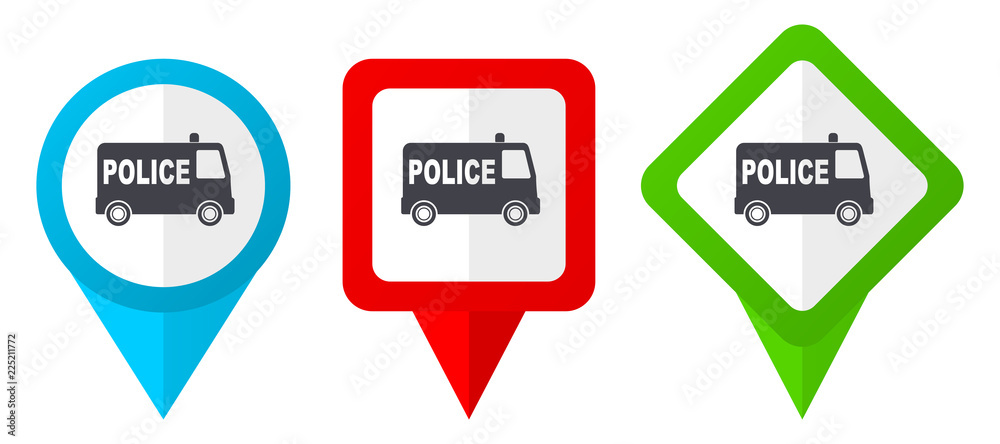 Aufkleber police red, blue and green vector pointers icons. set of colorful location markers isolated on white