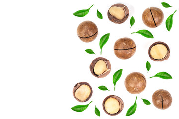 Shelled and unshelled macadamia nuts isolated on white background with copy space for your text. Top view. Flat lay pattern