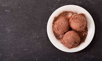 plate of chocolate ice cream scoops, top view