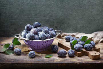 fresh blue plums with leaves © Nitr
