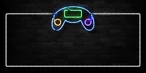 Vector realistic isolated neon sign of Controller frame logo for decoration on the wall background. Concept of game and computer leisure.