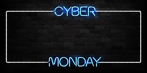 Vector realistic isolated neon sign of Cyber Monday frame logo for decoration and covering on the wall background. Concept of electronics market, sale and discount.