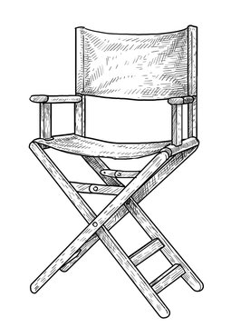 Director chair illustration, drawing, engraving, ink, line art, vector