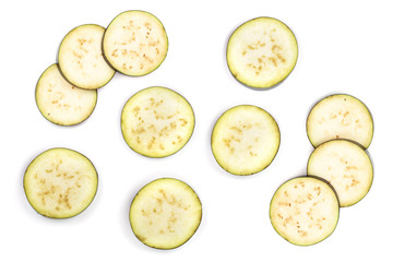 sliced eggplant circles isolated on white background. Top view. Flat lay pattern