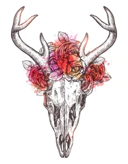 Poster de jardin Boho Croquis De Crâne De Cerf Avec Couronne De Fleurs. Illustration dessinée à la main bohème