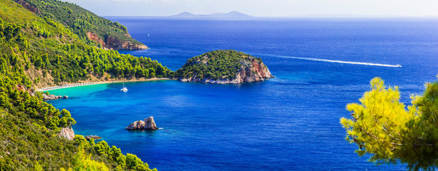 Fototapeta premium Wyspa Skopelos - panorama pięknej plaży Stafylos. Sporady, Grecja