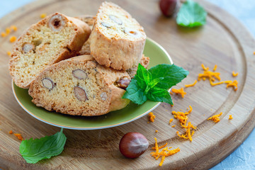 Italian biscuits biscotti with nuts and orange zest.