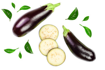 eggplant or aubergine isolated on white background. Top view. Flat lay pattern - obrazy, fototapety, plakaty