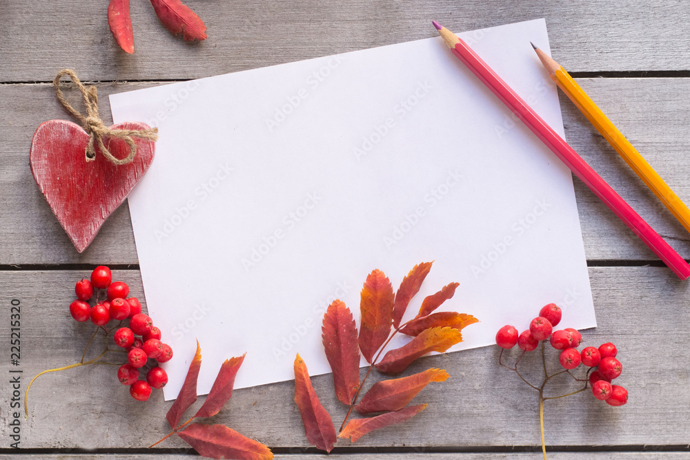 Wall mural white paper with autumn berries and leaves on wooden background