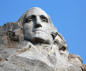detail of the iconic carving of president George Washington, Mount Rushmore, Black Hills, South Dakota