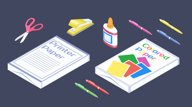 Office supplies in 3D isometric style. Set of stationery.
