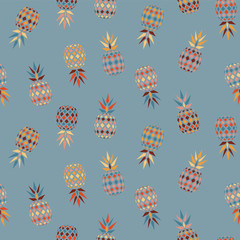 Fresh geometric pineapple vector pattern, seamless repeat on cool grey background. Trendy colorful abstract ethno style. Great for apparel design, wallpaper, paper products, gift wrapping, etc.