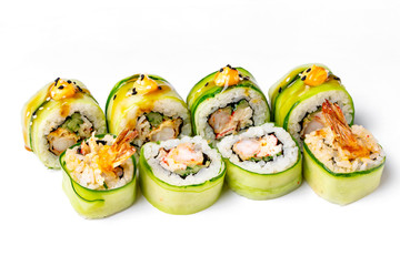 Set of sushi rolls with cucumber and shrimps isolated at white background.