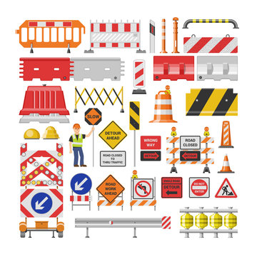 Road sign vector traffic street warning and barricade blocks on highway illustration set of roadblock detour and blocked roadwork barrier isolated on white background