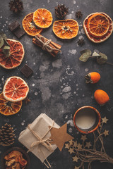 Christmas background on dark. Christmas food flat lay, top view, space for text.