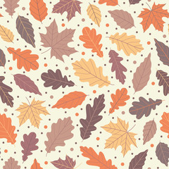 Fototapeta na wymiar Lovely autumn leafs pattern in warm light colors, seamless repeat. Trendy flat style. Great for backgrounds, apparel & editorial design, cards, gift wrapping paper, home decor etc.