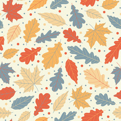 Fototapeta na wymiar Cheerful falling leaves vector pattern, seamless repeat. Warm color composition with cold highlights on light yellow background. Great for textiles, scrapbooking, packaging design, home decor etc.