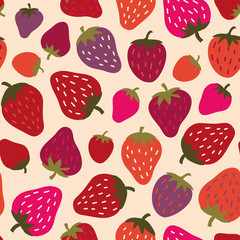 Lovely bright strawberry pattern on light background, seamless vector repeat. Trendy minimal illustration style.