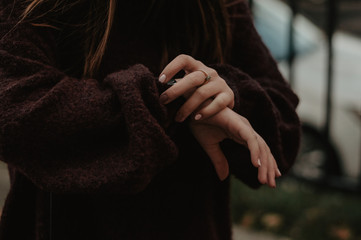 Woman looking at the watch. Hurry up