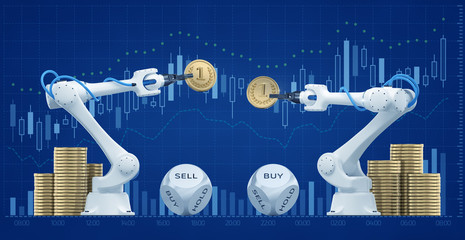 Trading Robots of an Automated Trading System. Illustration / 3d rendering graphic composition on the subject of `Financial Technologies / Foreign Exchange`.